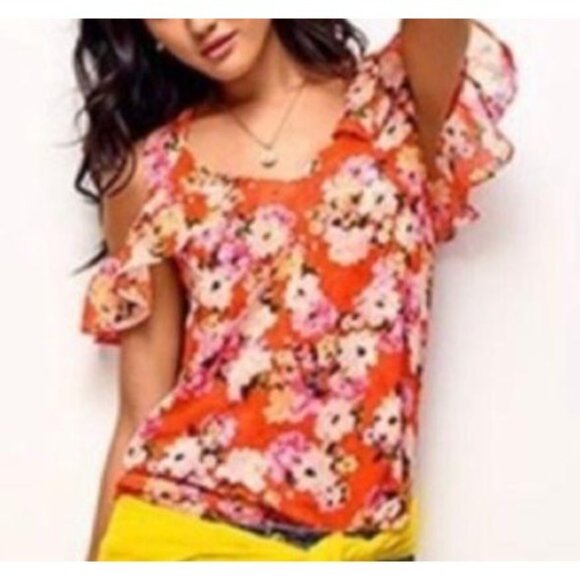 Cabi S Orange Floral LUSH Top Cold Shoulder Chiffon Sheer 5352 V Neck - Picture 8 of 8